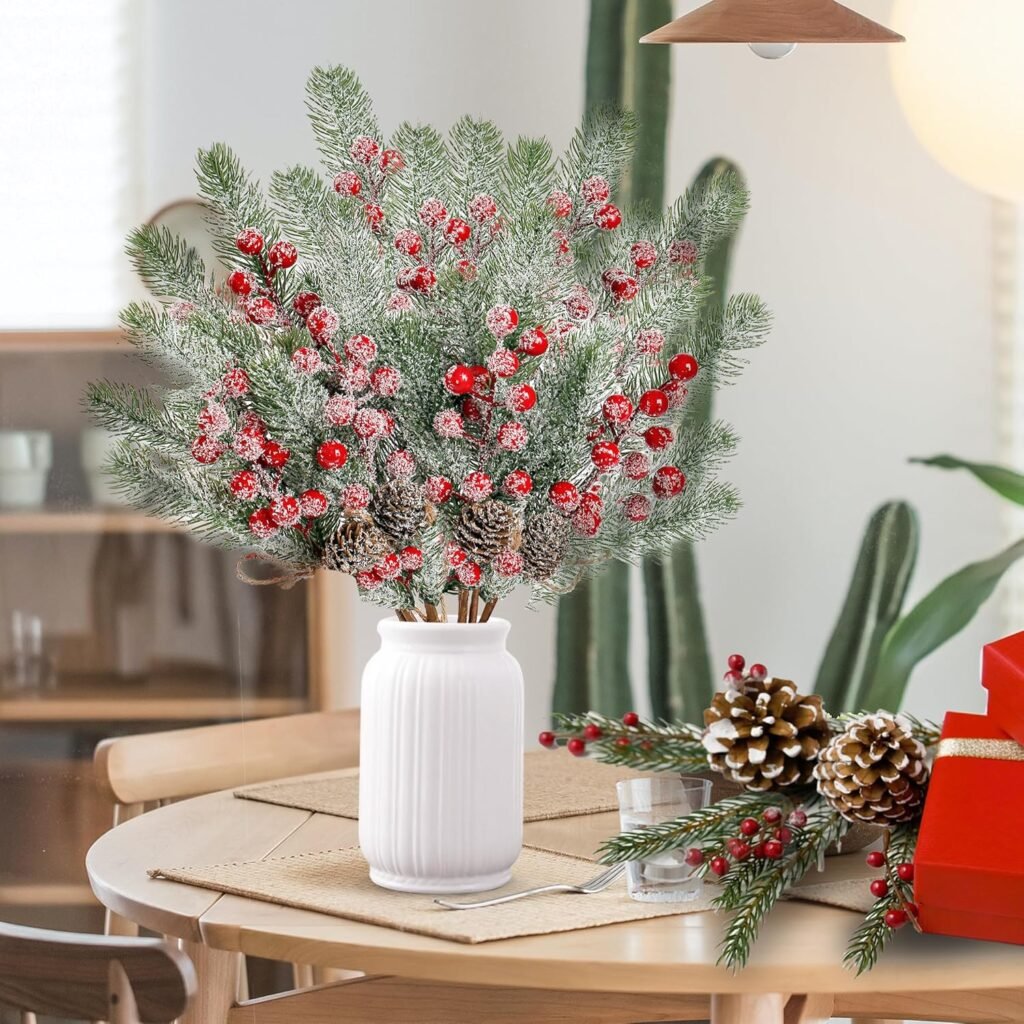 Sggvecsy 6 Pack Snow Frosted Christmas Berries Pine Picks Artificial White Berry Pine Branches Faux Pine Stem with Pine Cones for Xmas Tree Wreath DIY Craft Floral Arrangement Holiday Decor (White)